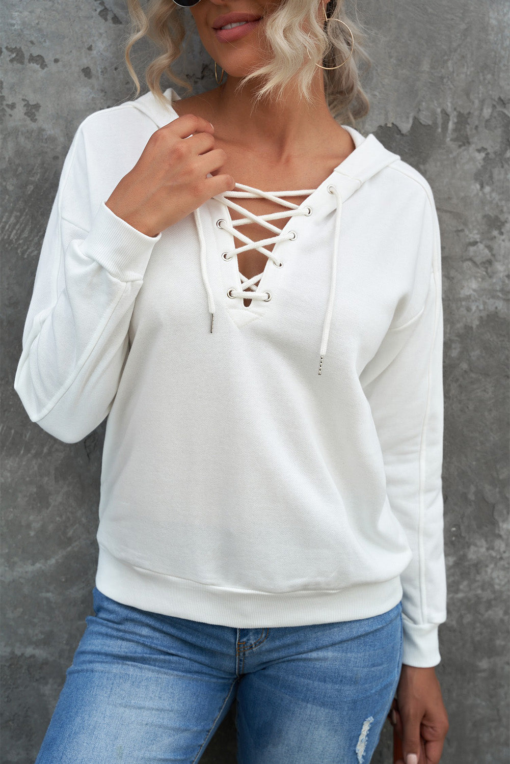 Lace-Up Dropped Shoulder Hoodie-Mope's Closet