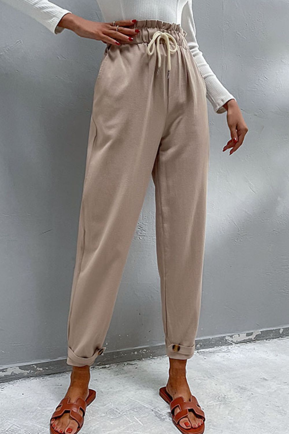 Drawstring Paperbag Waist Button Detail Pants-Mope's Closet