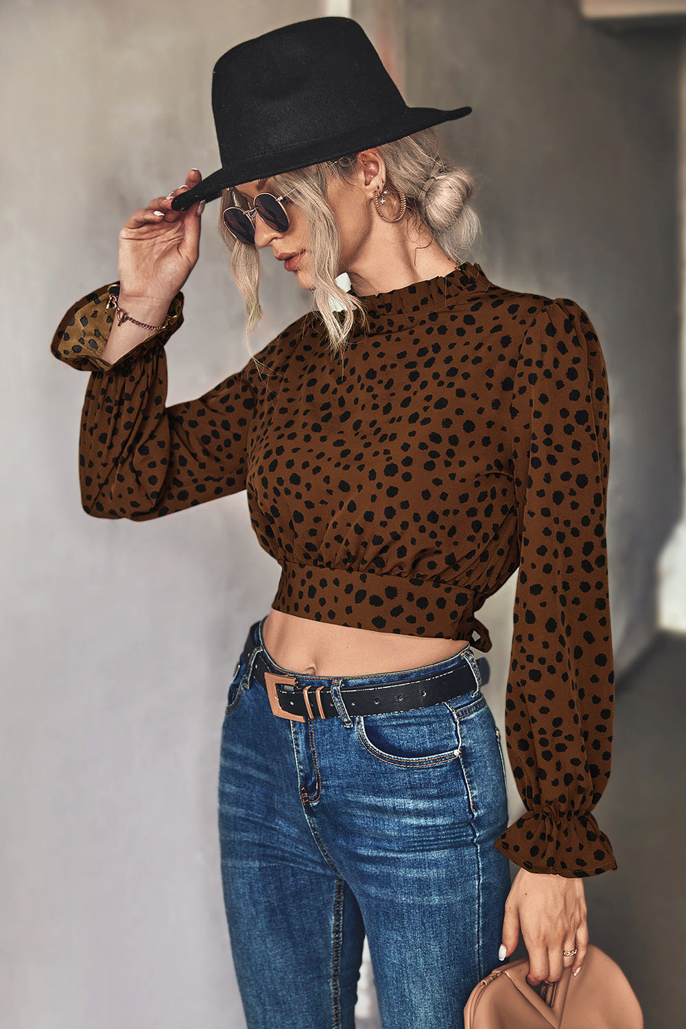 Animal Print Tie-Back Cropped Blouse-Mope's Closet