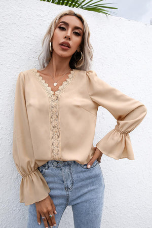 Lace Trim Flounce Sleeve Blouse-Mope's Closet