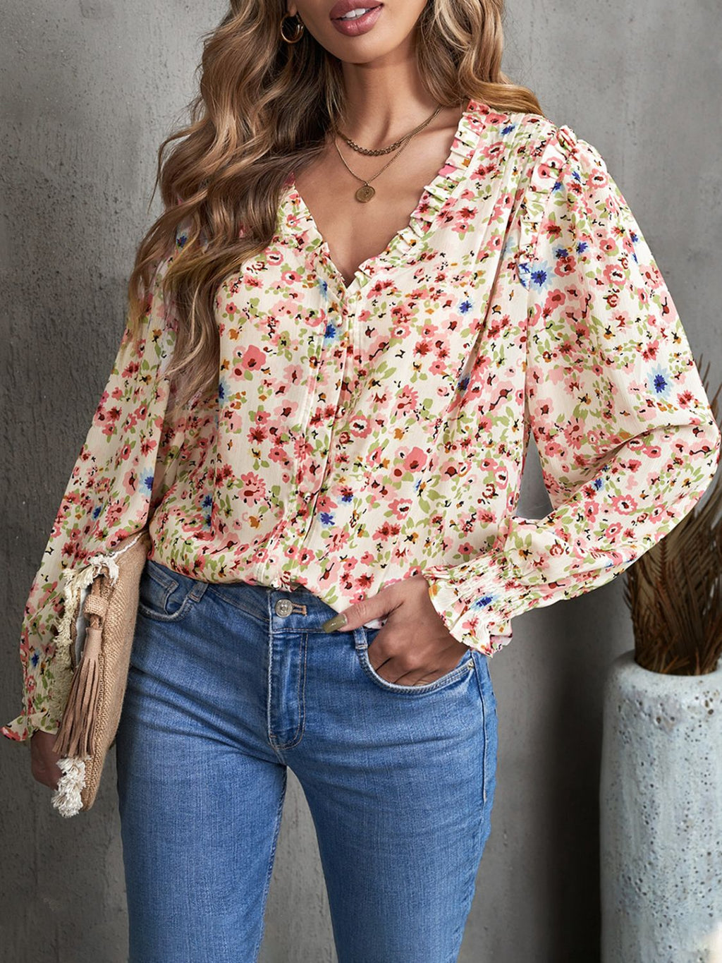 Floral Frill Trim V-Neck Flounce Sleeve Blouse-Mope's Closet