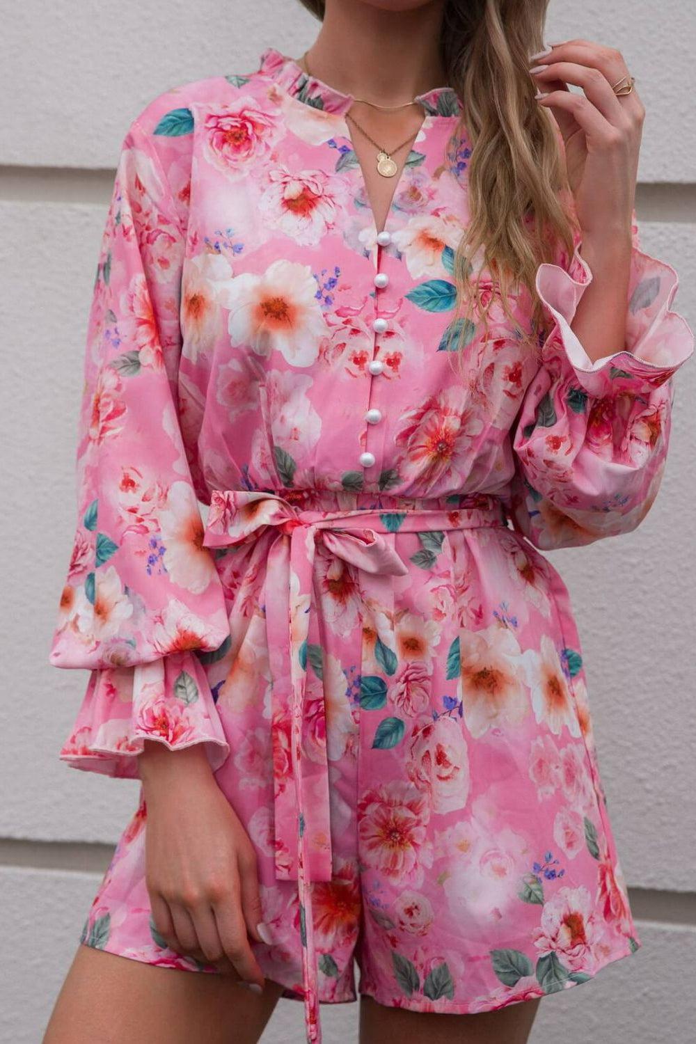 Floral Button Front Tie-Waist Flounce Sleeve Romper-Mope's Closet