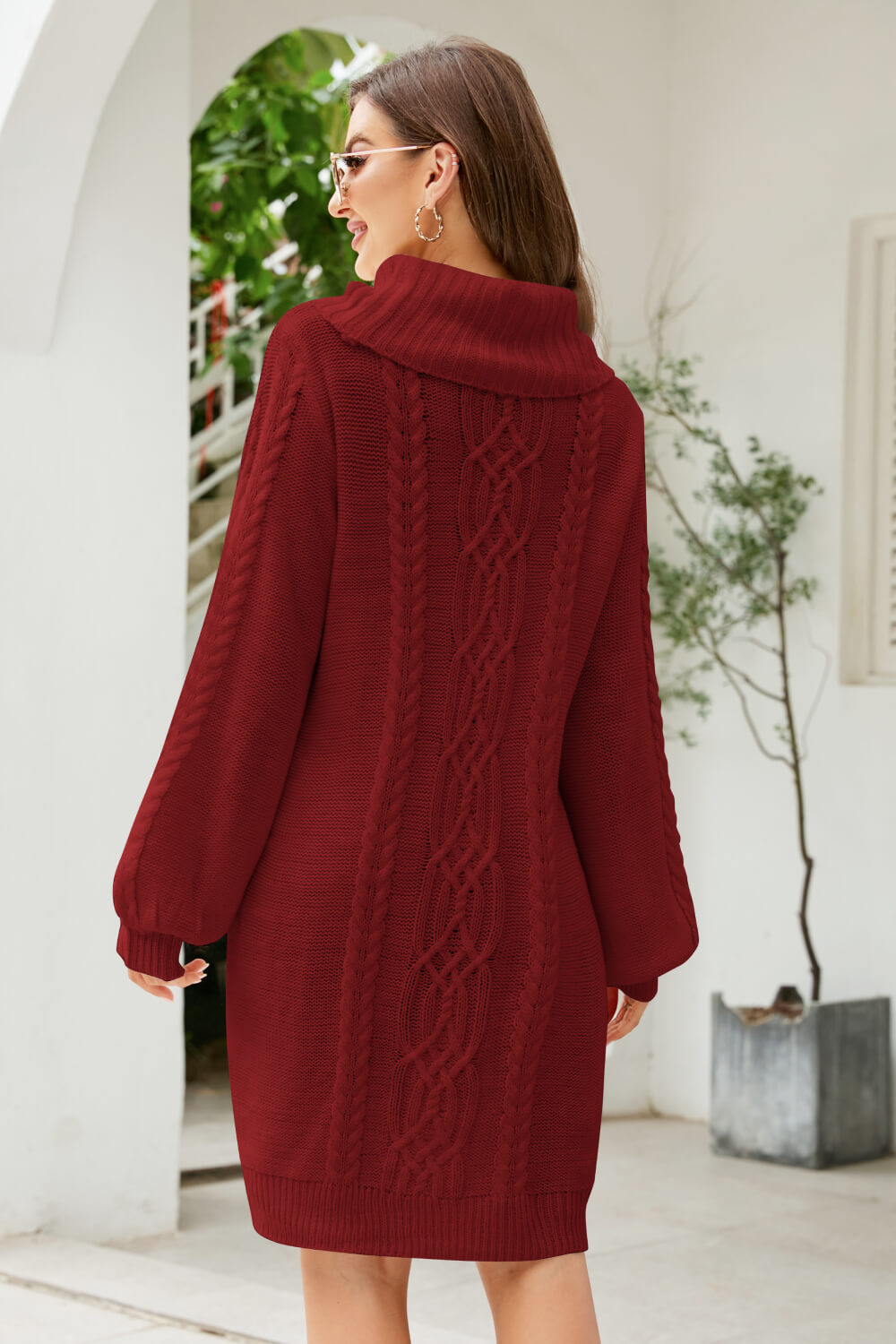 Mixed Knit Turtleneck Lantern Sleeve Sweater Dress-Mope's Closet