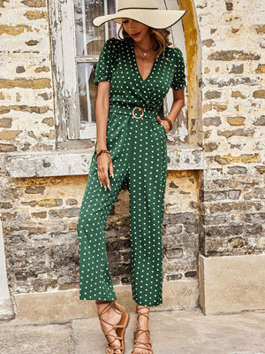 Polka Dot Belted Flounce Sleeve Jumpsuit with Pockets-Mope's Closet