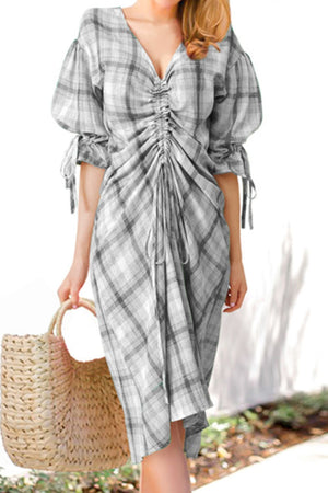 Plus Size Plaid Drawstring Detail Flounce Sleeve Dress-Mope's Closet