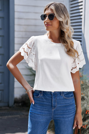 Round Neck Flutter Sleeve Top-Mope's Closet