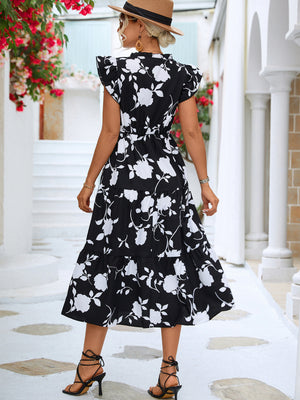 Floral Frill Trim V-Neck Tiered Midi Dress-Mope's Closet