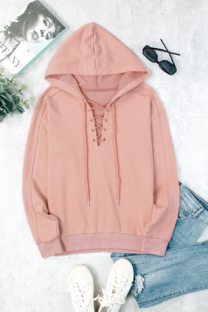 Lace-Up Dropped Shoulder Hoodie-Mope's Closet