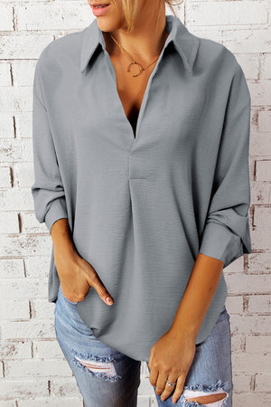 Textured Johnny Collar Three-Quarter Sleeve Blouse-Mope's Closet