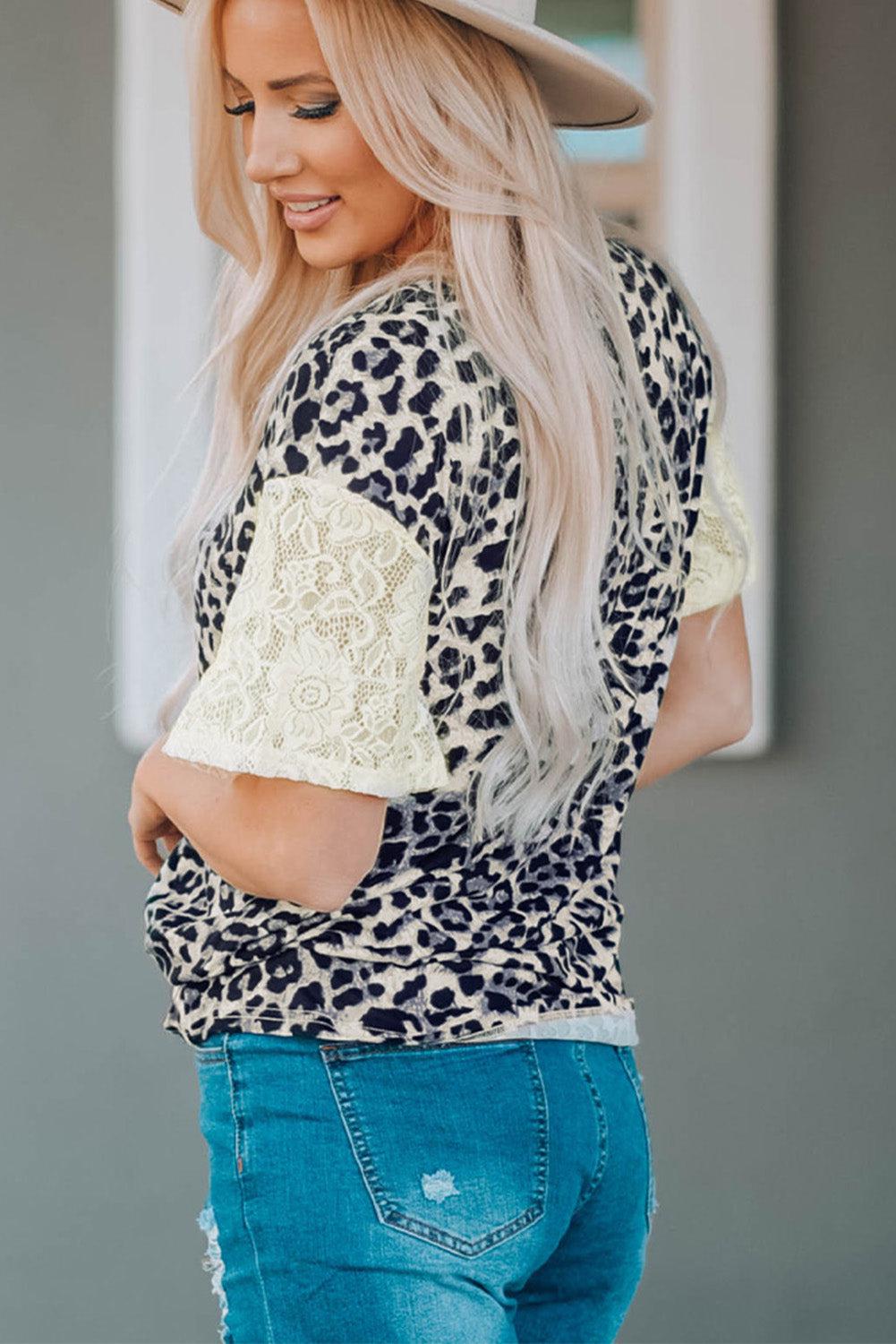 Leopard Print Lace Sleeve Round Neck Tee-Mope's Closet