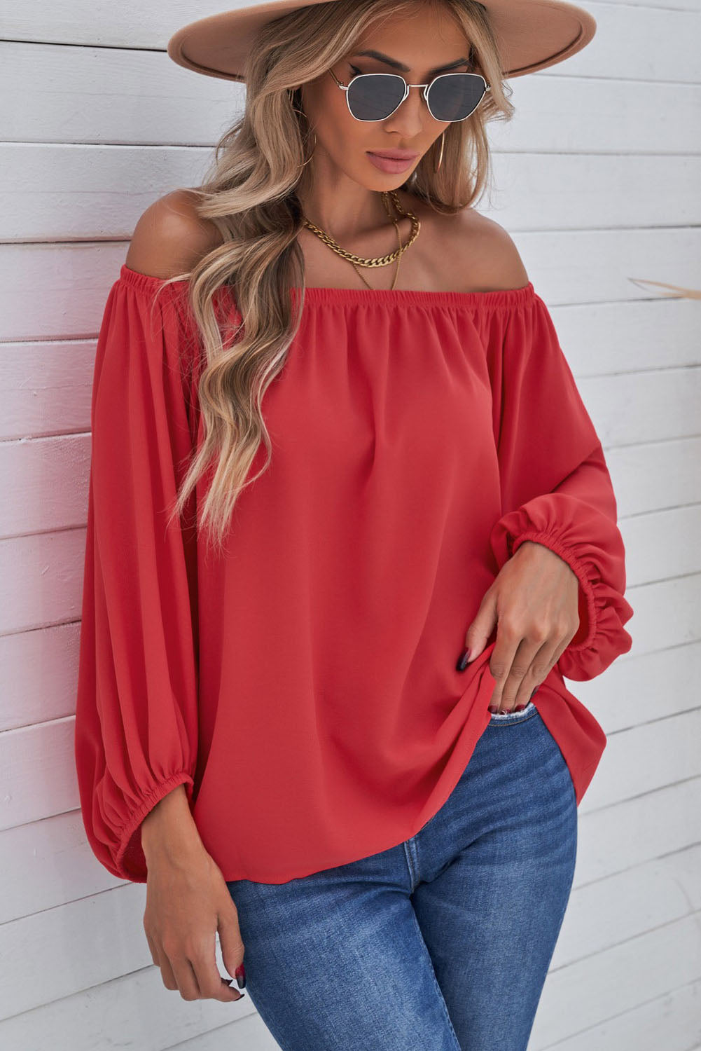 Off-Shoulder Balloon Sleeve Top-Mope's Closet