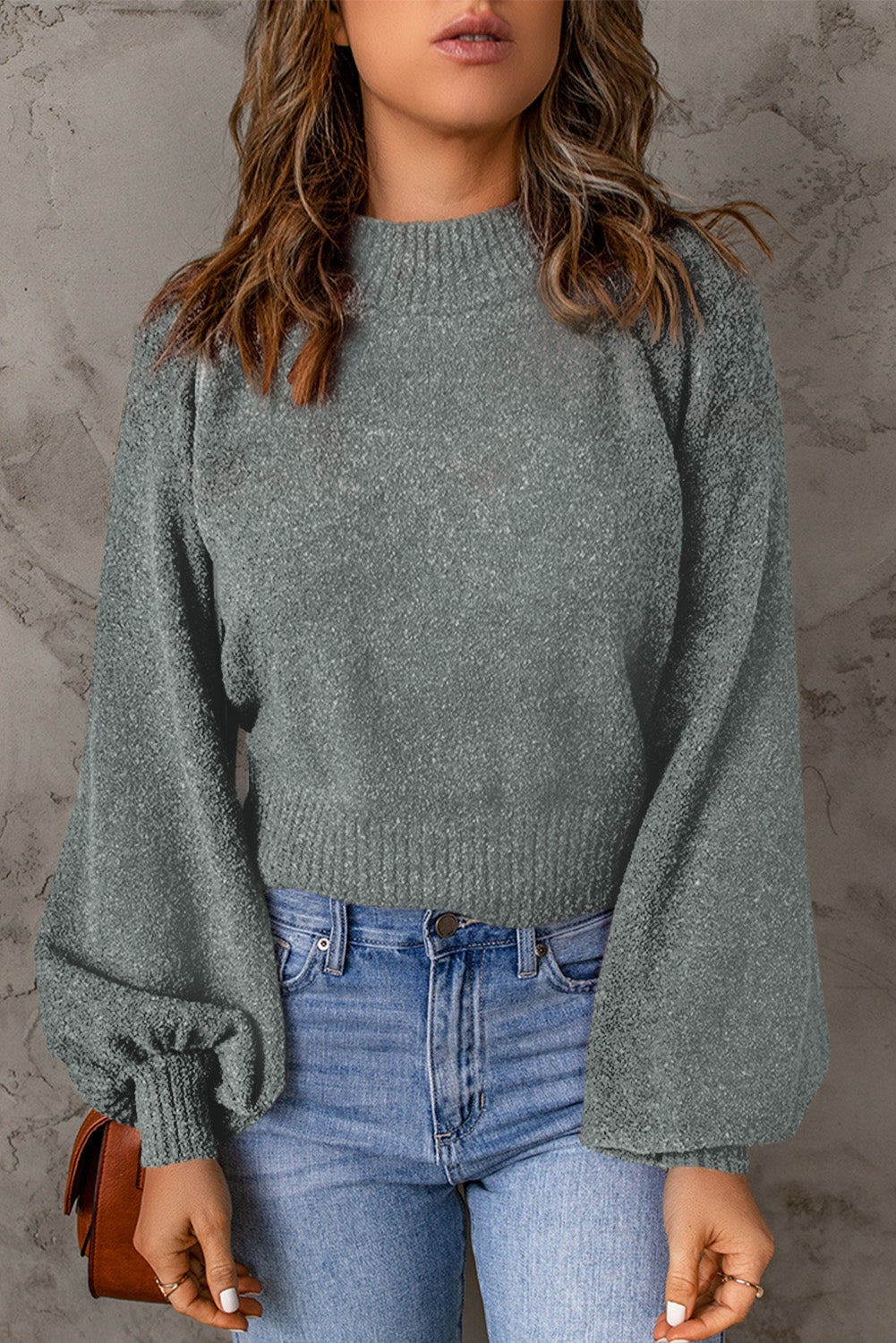 Ribbed Trim Balloon Sleeve Sweater-Mope's Closet