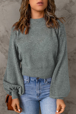 Ribbed Trim Balloon Sleeve Sweater-Mope's Closet