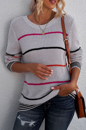 Striped Ribbed Round Neck Long Sleeve Sweater-Mope's Closet