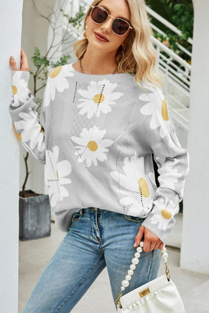 Daisy Print Openwork Round Neck Sweater-Mope's Closet