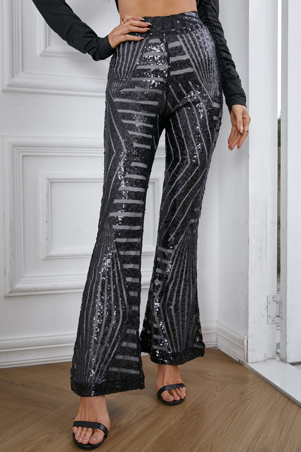 Sequin High Waist Flared Pants-Mope's Closet