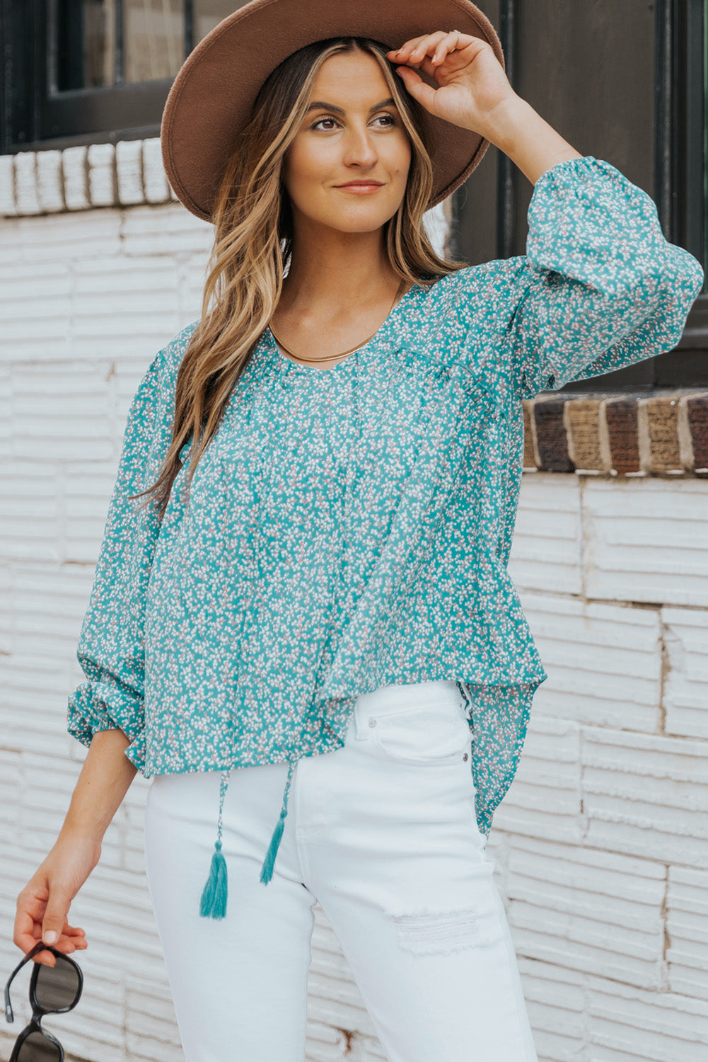 Ditsy Floral Tassel Tie High-Low Blouse-Mope's Closet