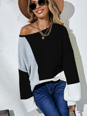 Color Block Balloon Sleeve Boat Neck Sweater-Mope's Closet