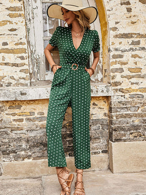 Polka Dot Belted Flounce Sleeve Jumpsuit with Pockets-Mope's Closet