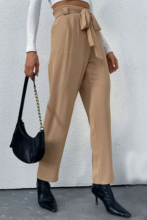 Belted Straight Leg Pants with Pockets-Mope's Closet