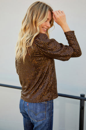 Sequin Puff Sleeve Round Neck Top-Mope's Closet