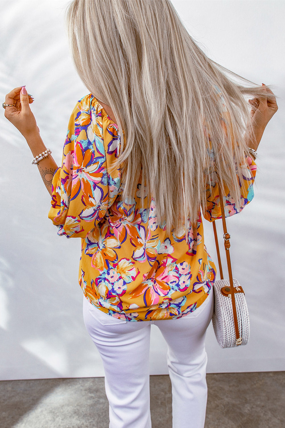 Floral Puff Sleeve Boat Neck Blouse-Mope's Closet