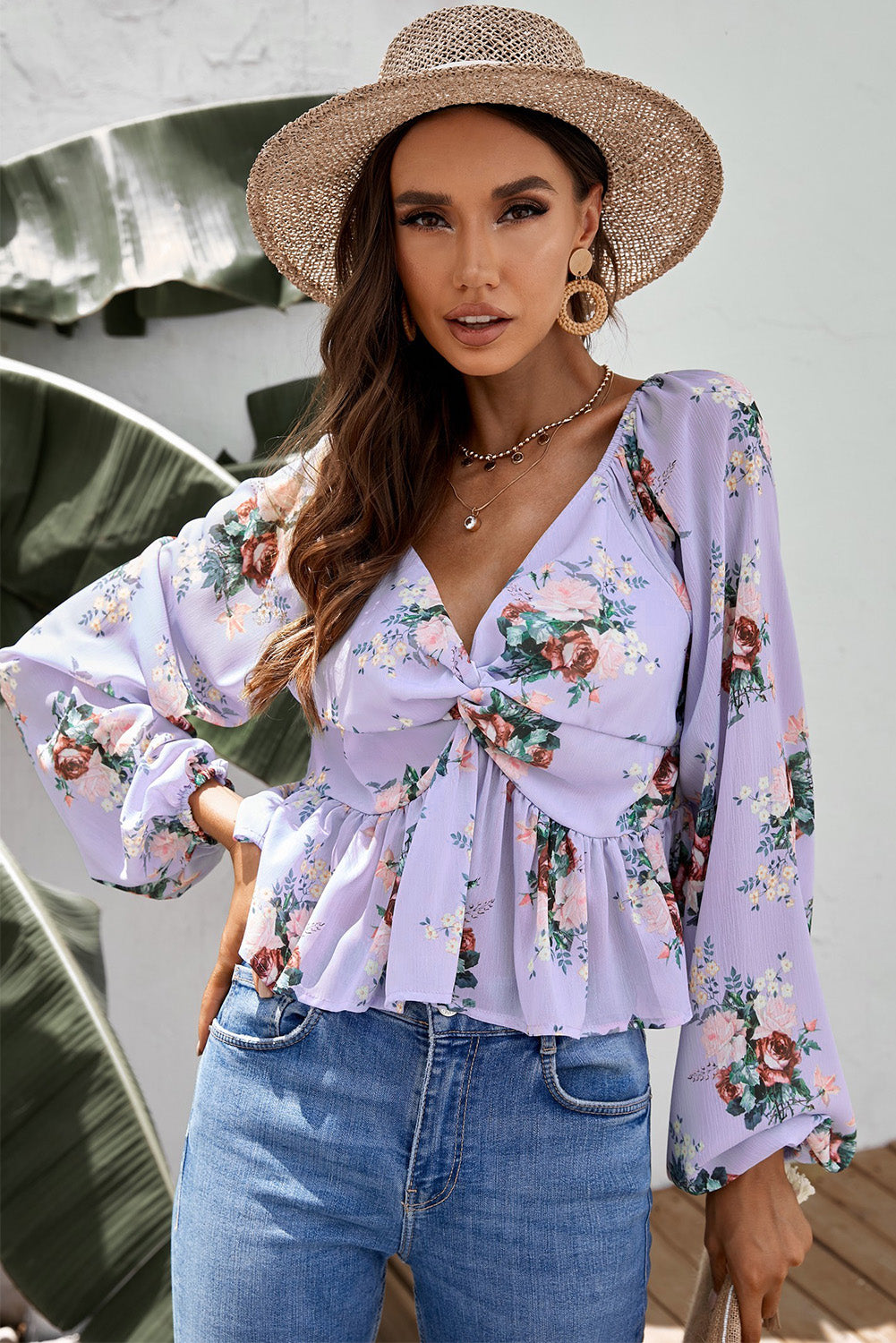 Floral Twisted Peplum Blouse-Mope's Closet