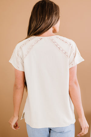 Crochet Eyelet Buttoned Short Sleeves Top-Mope's Closet