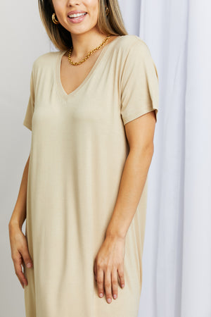 HYFVE V-Neck Short Sleeve Curved Hem Dress in Caffe Latte-Mope's Closet