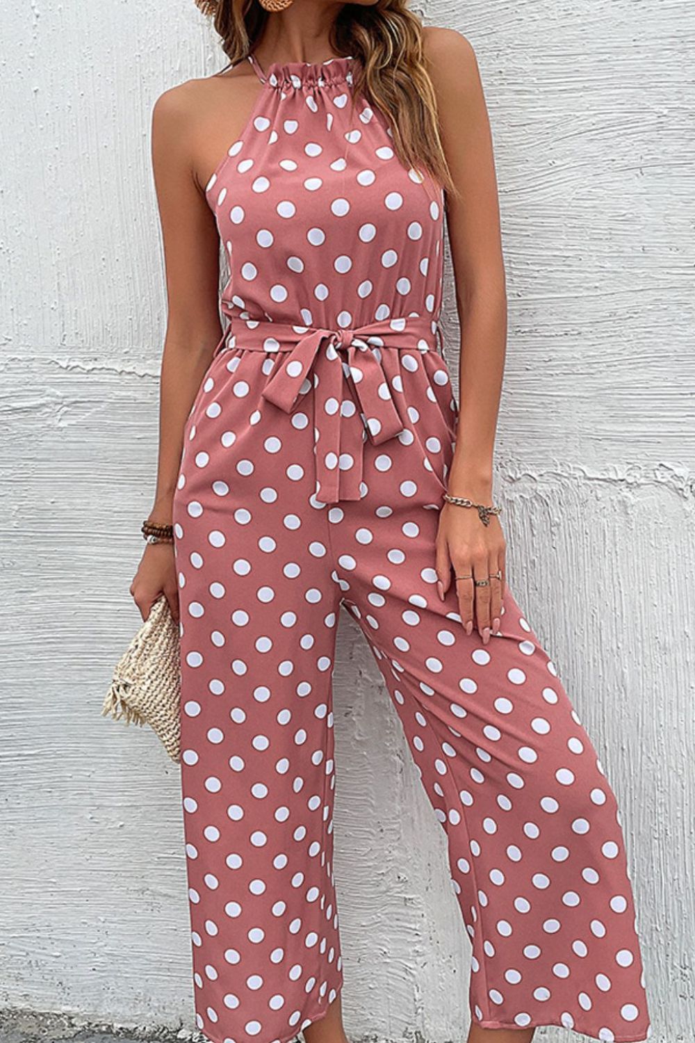 Polka Dot Grecian Wide Leg Jumpsuit-Mope's Closet