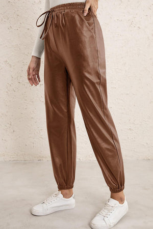 Elastic Waist PU Leather Joggers-Mope's Closet