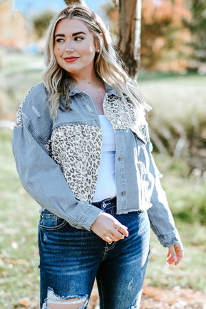 Plus Size Leopard Raw Hem Distressed Spliced Denim Jacket-Mope's Closet