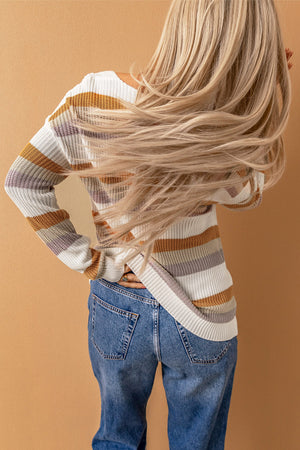 Striped Dropped Shoulder V-Neck Sweater-Mope's Closet