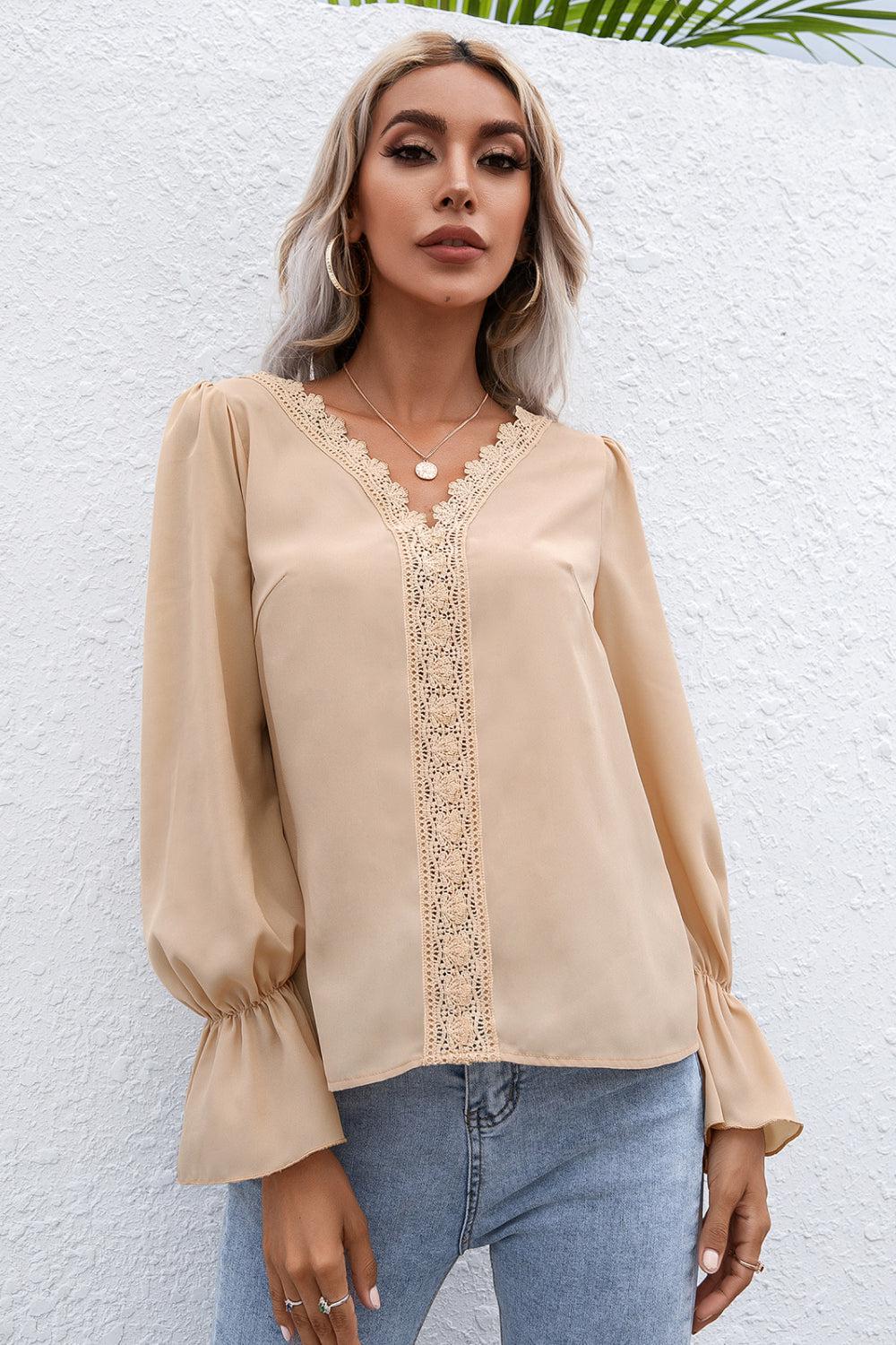 Lace Trim Flounce Sleeve Blouse-Mope's Closet