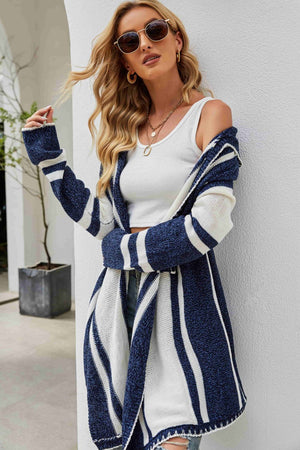 Striped Open Front Hooded Cardigan-Mope's Closet