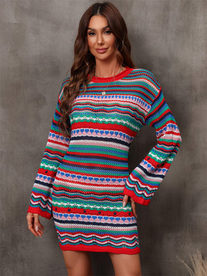 Multicolored Stripe Dropped Shoulder Sweater Dress-Mope's Closet