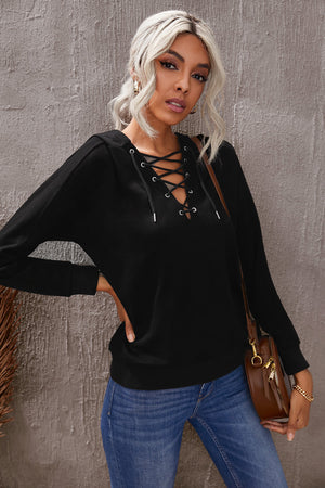 Lace-Up Dropped Shoulder Hoodie-Mope's Closet