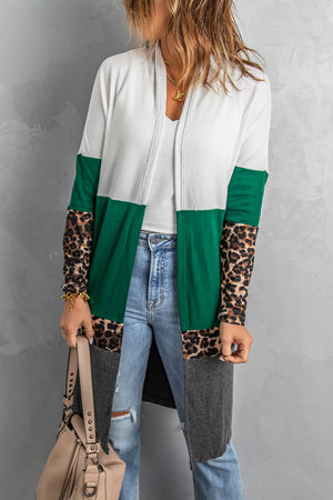 Leopard Color Block Open Front Longline Cardigan-Mope's Closet