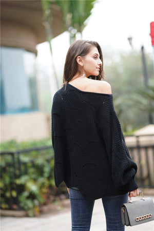 Openwork Boat Neck Sweater with Scalloped Hem-Mope's Closet