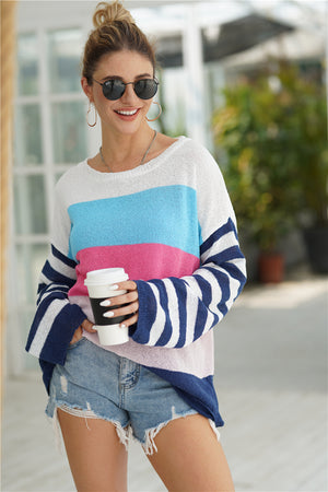 Striped Ribbed Trim Bell Sleeve Sweater-Mope's Closet