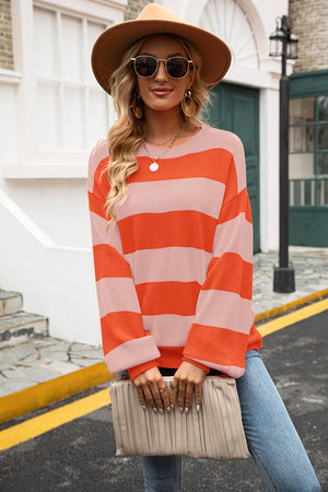 Striped Balloon Sleeve Knit Pullover-Mope's Closet