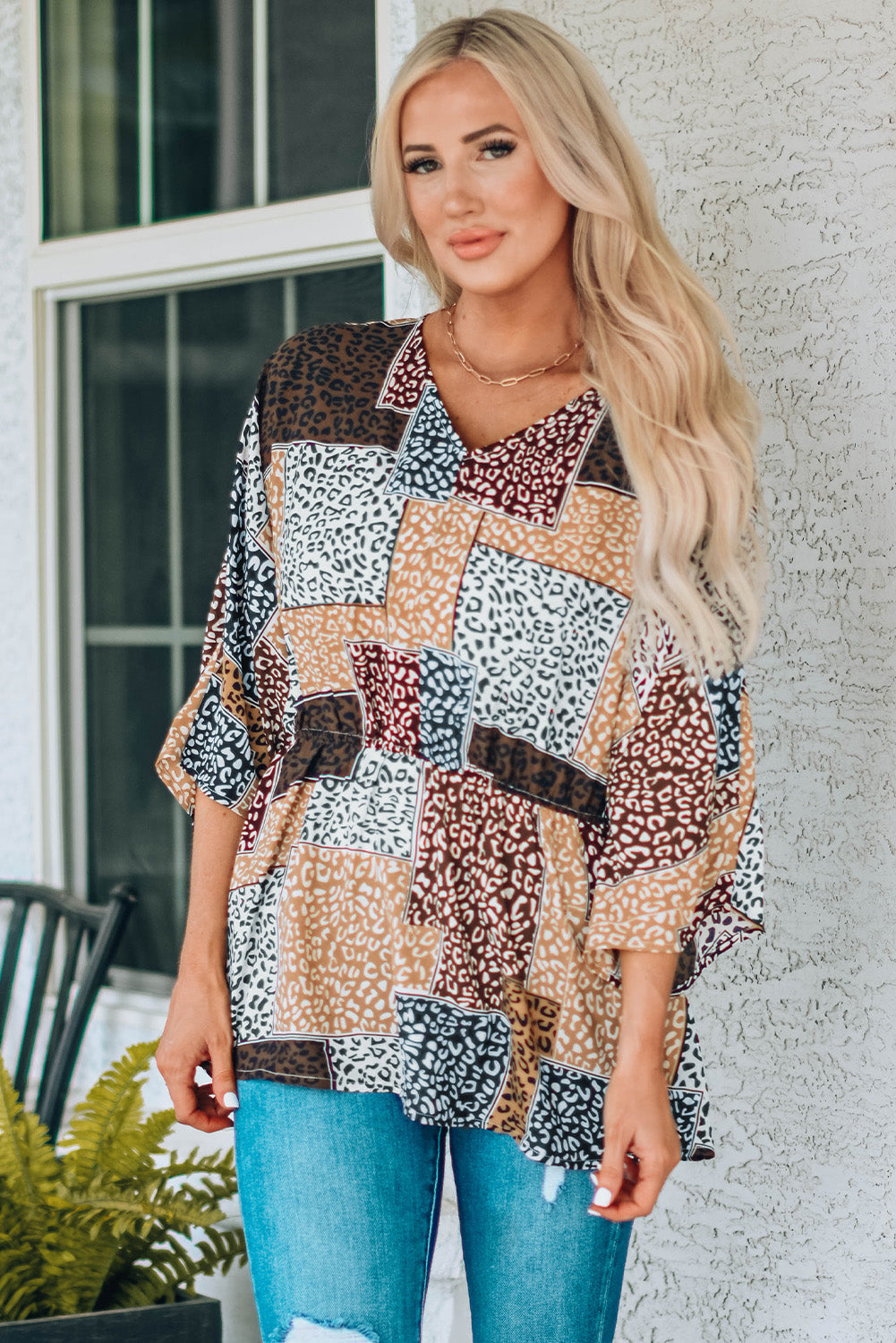 Leopard Patchwork V-Neck Top-Mope's Closet