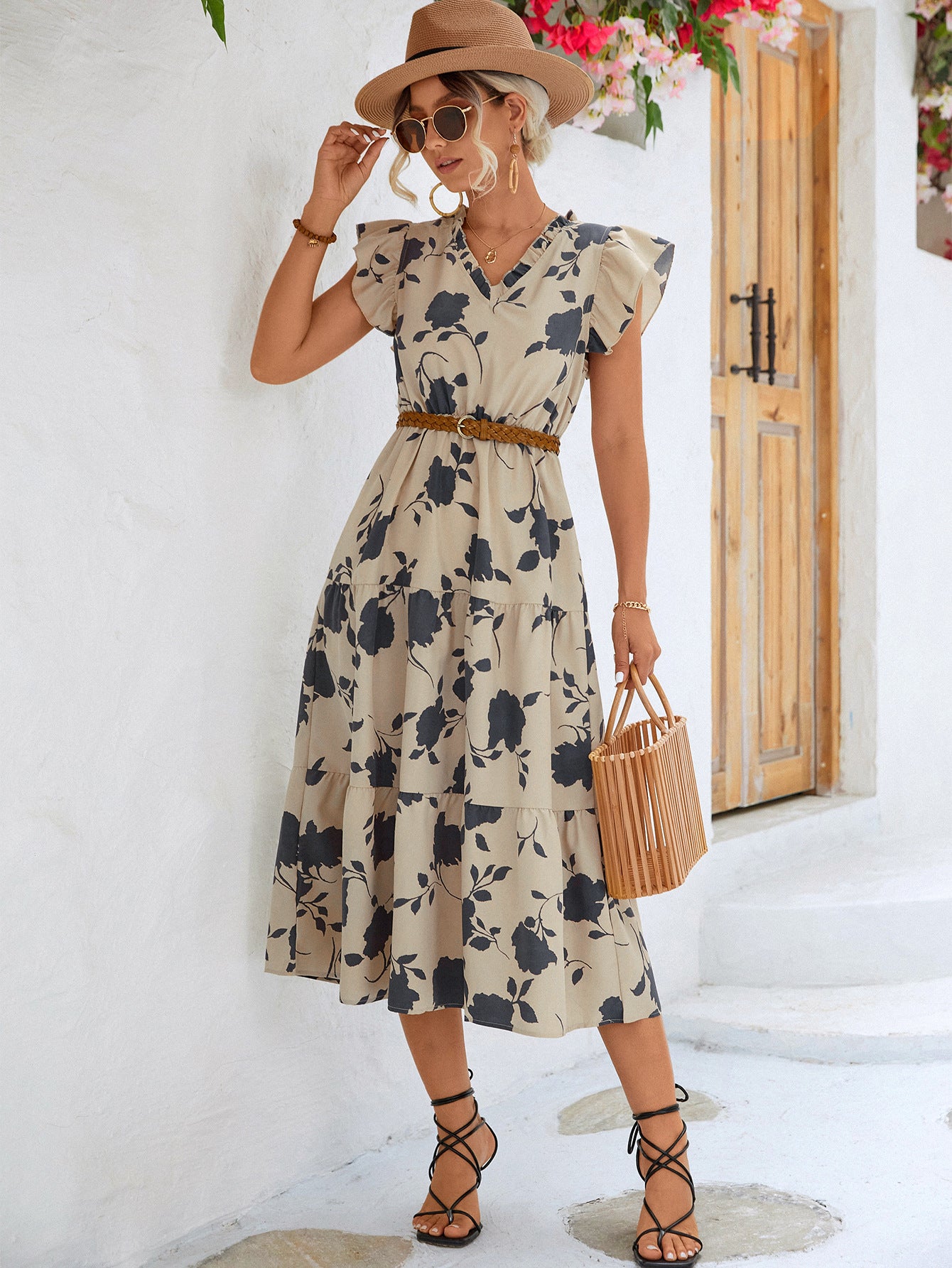 Floral Frill Trim V-Neck Tiered Midi Dress-Mope's Closet