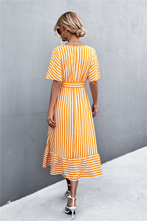 Striped Tie Belt Midi Dress-Mope's Closet