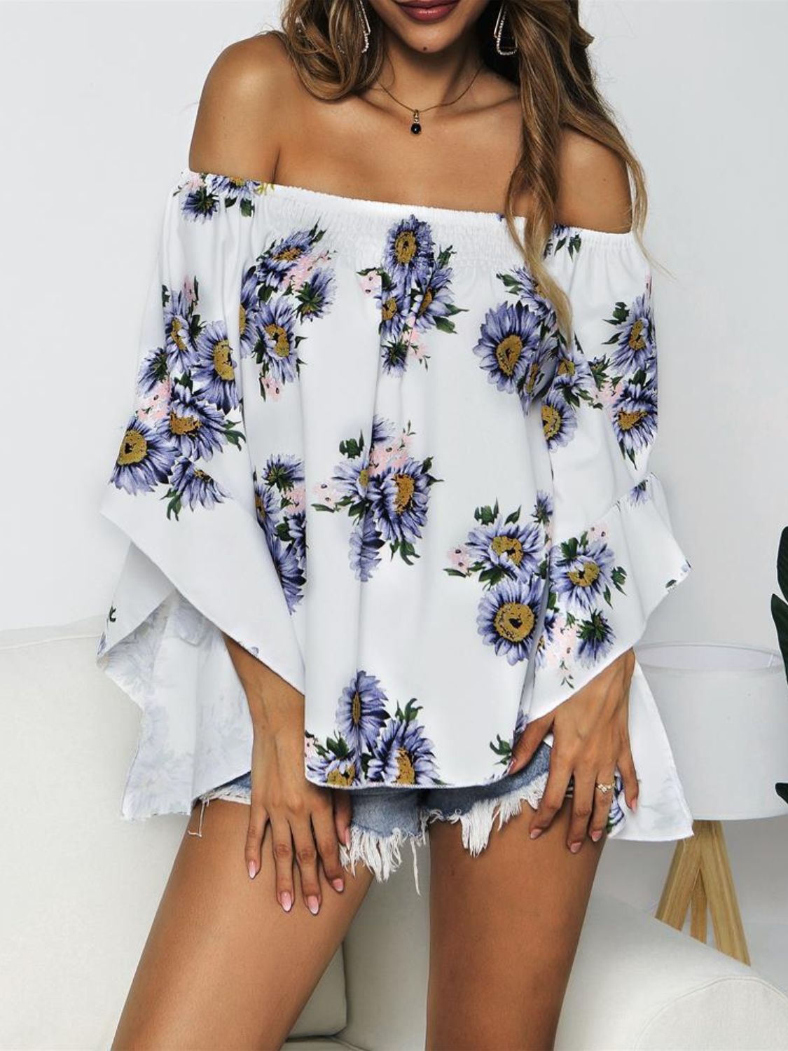 Floral Print Off-Shoulder Flounce Sleeve Blouse-Mope's Closet