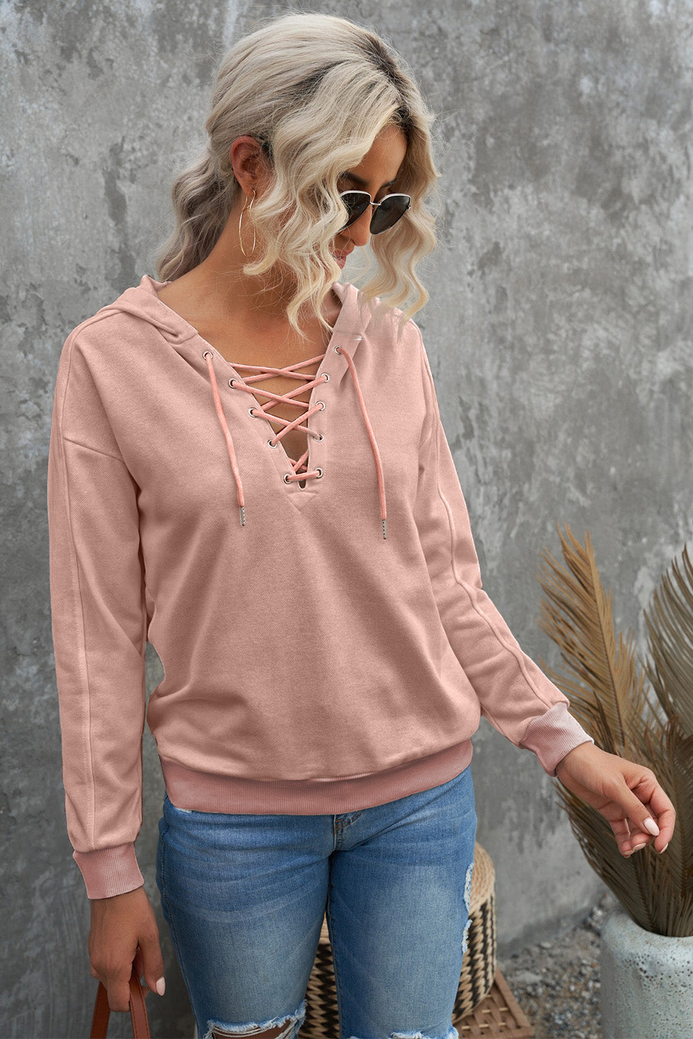 Lace-Up Dropped Shoulder Hoodie-Mope's Closet