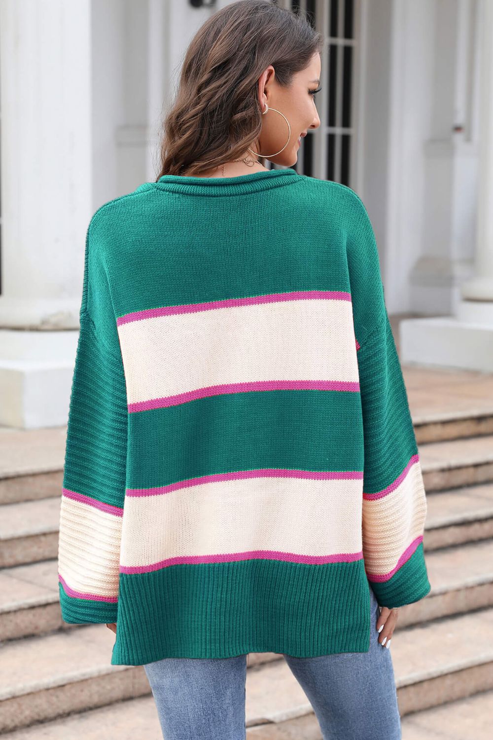 Striped Dropped Shoulder Side Slit Sweater-Mope's Closet