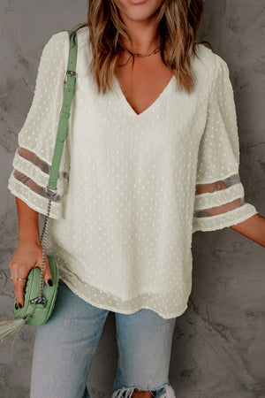 Swiss Dot Spliced Mesh Flare Sleeve Blouse-Mope's Closet