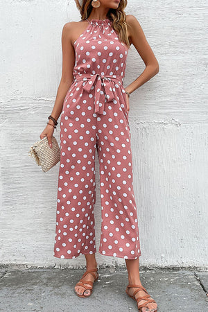 Polka Dot Grecian Wide Leg Jumpsuit-Mope's Closet