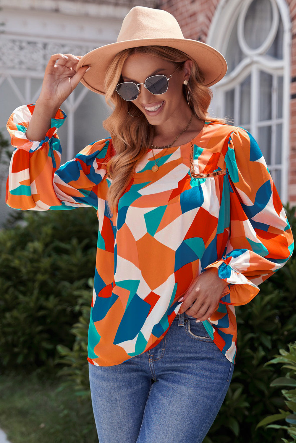 Geometric Flounce Sleeve Blouse-Mope's Closet